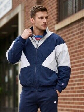 Vintage 90s Champion Lined Bomber Jacket Windbreaker Blue White Colorblock Sz XL